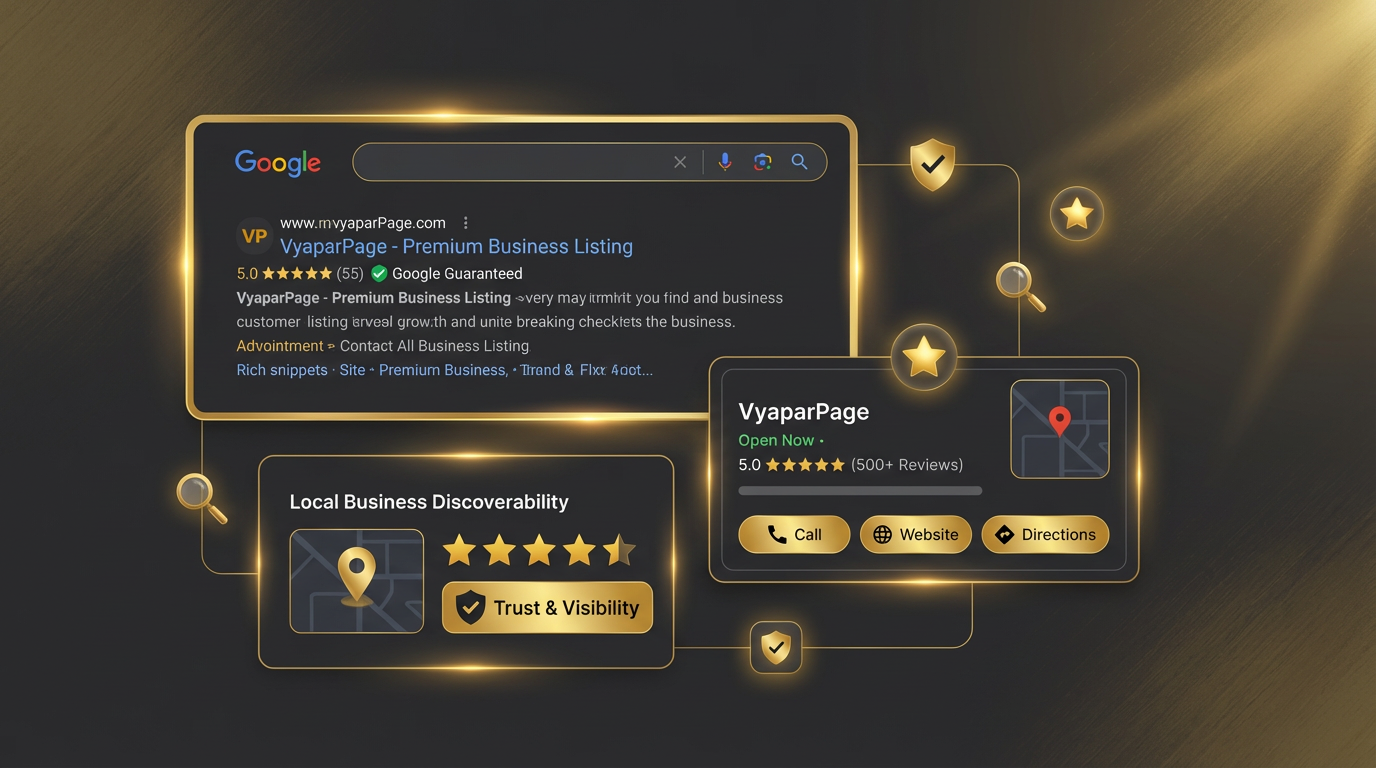 Premium SEO and Google trust visual for VyaparPage features